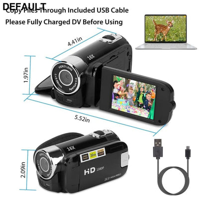 HD 1080P Digital Video Camcorder 2.7in 16X Zoom DV Camera 270° Rotation Rechargeable Kid w/Fill Light Selfie Camcorders