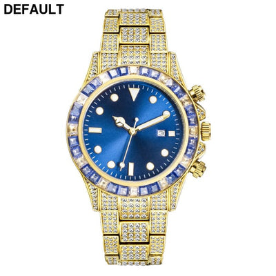 High-grade Diamond-encrusted Di Tone Full Diamond-green Disk Sun Pattern Luminous Quartz Watch Gold blue Men Watches
