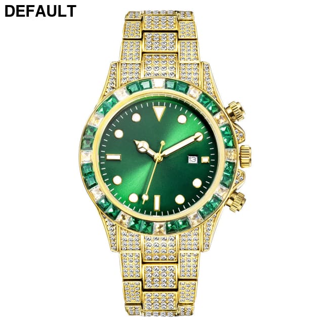 High-grade Diamond-encrusted Di Tone Full Diamond-green Disk Sun Pattern Luminous Quartz Watch Gold green Men Watches