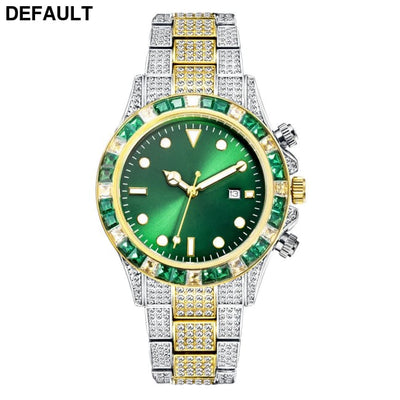 High-grade Diamond-encrusted Di Tone Full Diamond-green Disk Sun Pattern Luminous Quartz Watch Intergold green Men