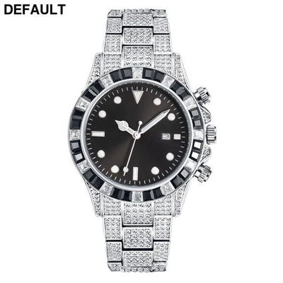 High-grade Diamond-encrusted Di Tone Full Diamond-green Disk Sun Pattern Luminous Quartz Watch Silver black Men Watches