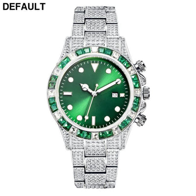 High-grade Diamond-encrusted Di Tone Full Diamond-green Disk Sun Pattern Luminous Quartz Watch Silver green Men Watches