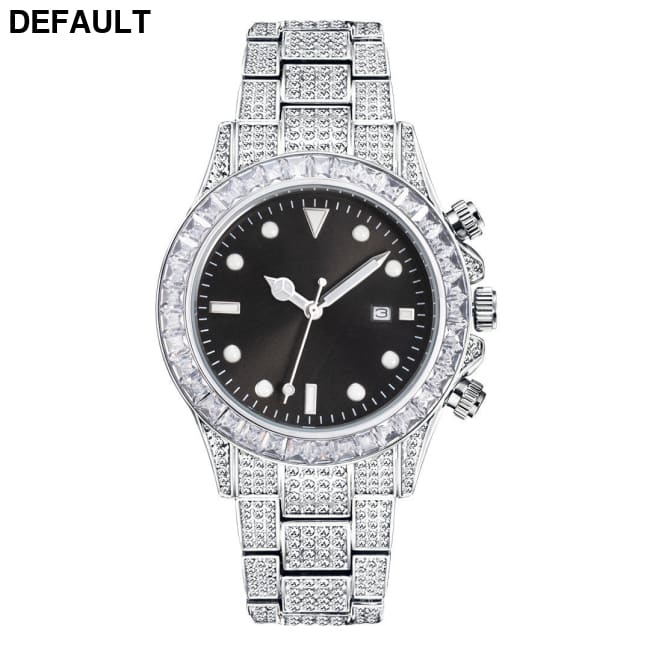 High-grade Diamond-encrusted Di Tone Full Diamond-green Disk Sun Pattern Luminous Quartz Watch Silver white Men Watches