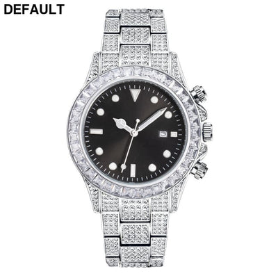 High-grade Diamond-encrusted Di Tone Full Diamond-green Disk Sun Pattern Luminous Quartz Watch Silver white Men Watches