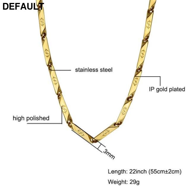 High Polished Gold Color Titanium Stainless Steel US Dollar Pattern Stick Aberdeen Chain Necklaces for Men Jewelry