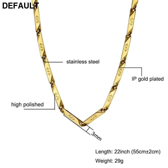 High Polished Gold Color Titanium Stainless Steel US Dollar Pattern Stick Aberdeen Chain Necklaces for Men Jewelry