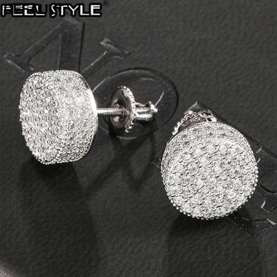 Hip HOP 1Pair Micro Full Paved Rhinestone Round Zircon CZ Stone Bling Iced Out Stud Earring Copper Earrings For Men