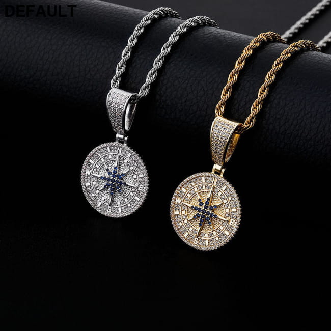 Hip-Hop Compass Pendant Necklace – 18K Gold & White KOJ-gold Men Necklaces Sterling Silver