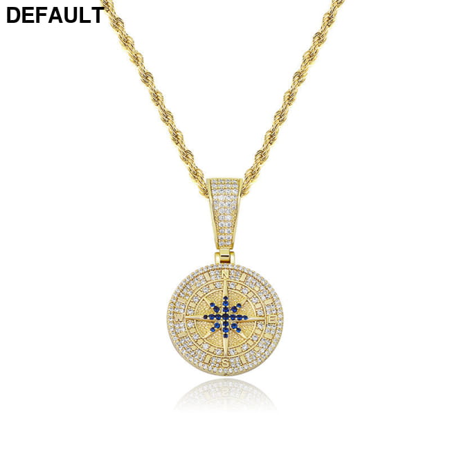 Hip-Hop Compass Pendant Necklace – 18K Gold & White Men Necklaces Sterling Silver