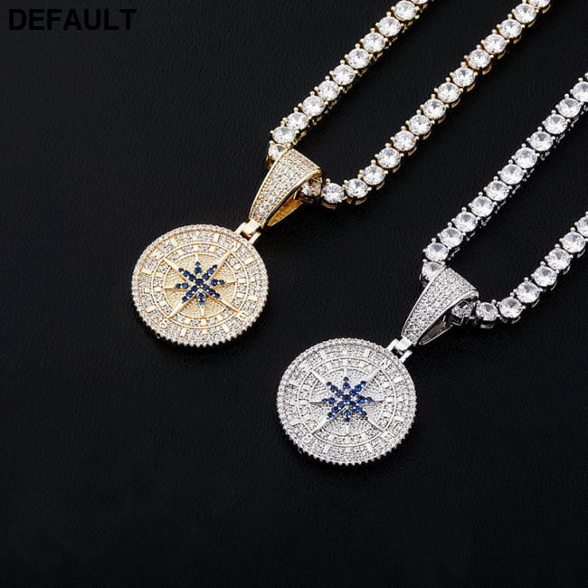 Hip-Hop Compass Pendant Necklace – 18K Gold & White Men Necklaces Sterling Silver