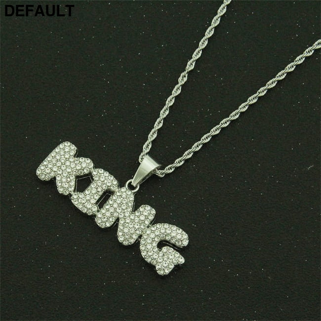 Hip Hop Men’s Diamond Alphabet King Pendant Necklace Rock Men Necklaces Sterling Silver
