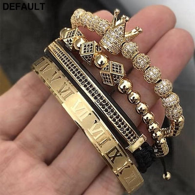 Hot Sale Classical Handmade Braiding Bracelet Gold Hip Hop Men Pave CZ Zircon Crown Roman Numeral Luxury Jewelry