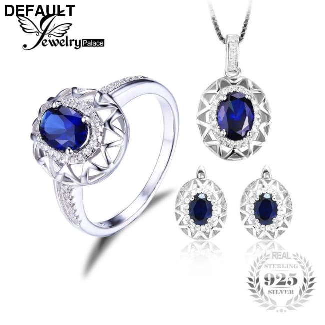 Jewelrypalace Oval 925 Sterling Silver Jewelry Set Blue Created Sapphire Ring Pendant arring Clip Brand For Women Fine