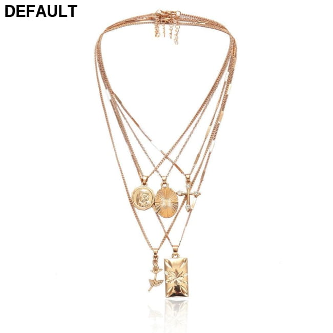 Layered Rose Cross Pendant Choker Necklace Set Boho Golden Sterling Silver Necklaces