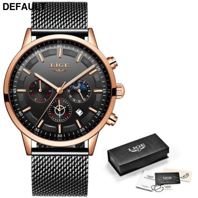 LIGE Blue Watch Rose gold black Men Sport Watches