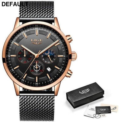 LIGE Blue Watch Rose gold black Men Sport Watches