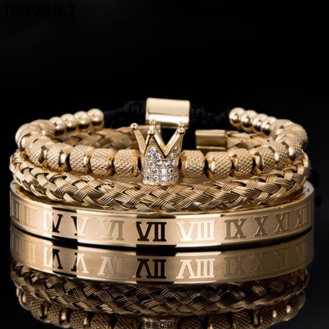 Luxury Micro Pave CZ Crown Roman Royal Charm Men Bracelets Gold Set Number