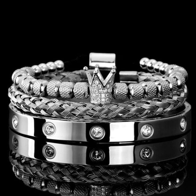 Luxury Micro Pave CZ Crown Roman Royal Charm Men Bracelets Silver Set Crystals