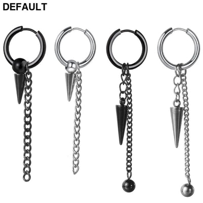 Men Retro Black Long Tassel Chain Punk Earrings Hiphop Spike Rivet Ear Studs For Women Gothic Party Jewelry