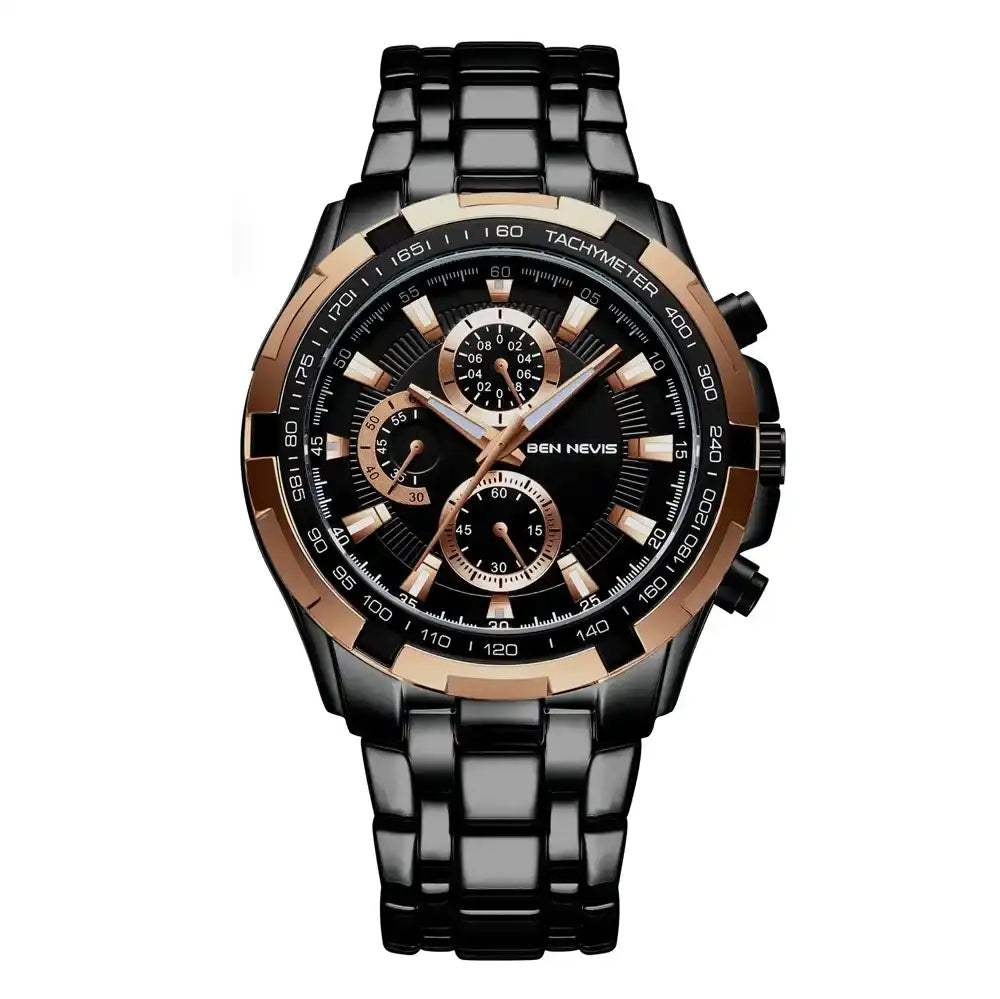 Men’s black and rose gold chronograph watch with a metal band.