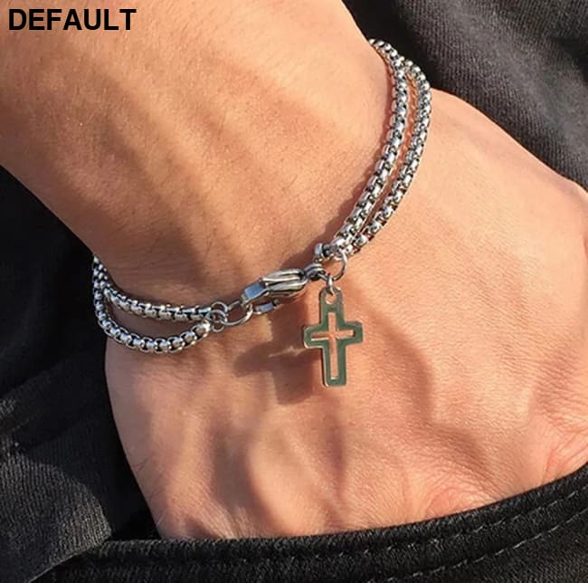 Men’s Fashion Double Chain Cross Hollow Wrist Bracelets Lobster Claw Clasp Stainless Steel Bracelet Hip Hop Punk Party