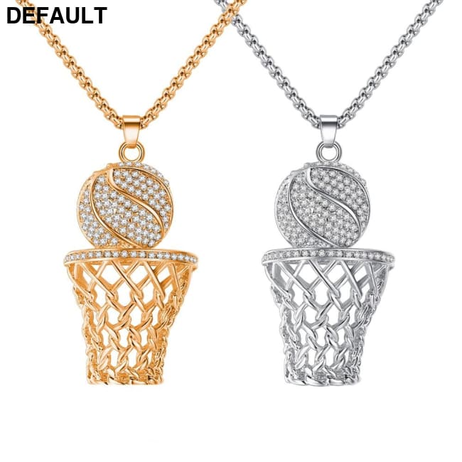 Men’s Necklace Ice Gold Basketball And Hoop Silver Steel Chain Pendant Long Sport Cell Gift Men Necklaces Sterling