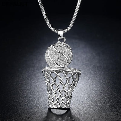 Men’s Necklace Ice Gold Basketball And Hoop Silver Steel Chain Pendant Long Sport Cell Gift Men Necklaces Sterling