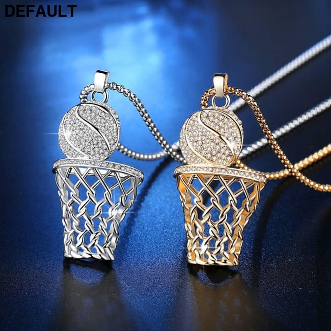 Men’s Necklace Ice Gold Basketball And Hoop Silver Steel Chain Pendant Long Sport Cell Gift Men Necklaces Sterling