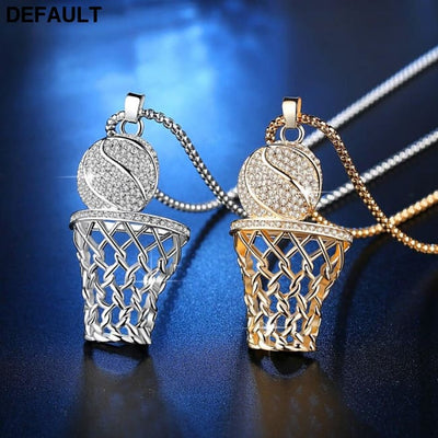Men’s Necklace Ice Gold Basketball And Hoop Silver Steel Chain Pendant Long Sport Cell Gift Men Necklaces Sterling