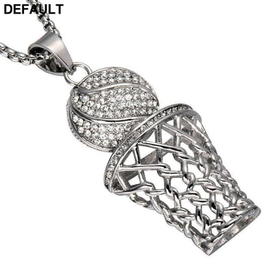 Men’s Necklace Ice Gold Basketball And Hoop Silver Steel Chain Pendant Long Sport Cell Gift Men Necklaces Sterling