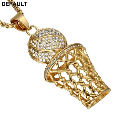 Men’s Necklace Ice Gold Basketball And Hoop Silver Steel Chain Pendant Long Sport Cell Gift Men Necklaces Sterling