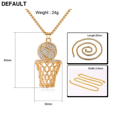 Men’s Necklace Ice Gold Basketball And Hoop Silver Steel Chain Pendant Long Sport Cell Gift Men Necklaces Sterling