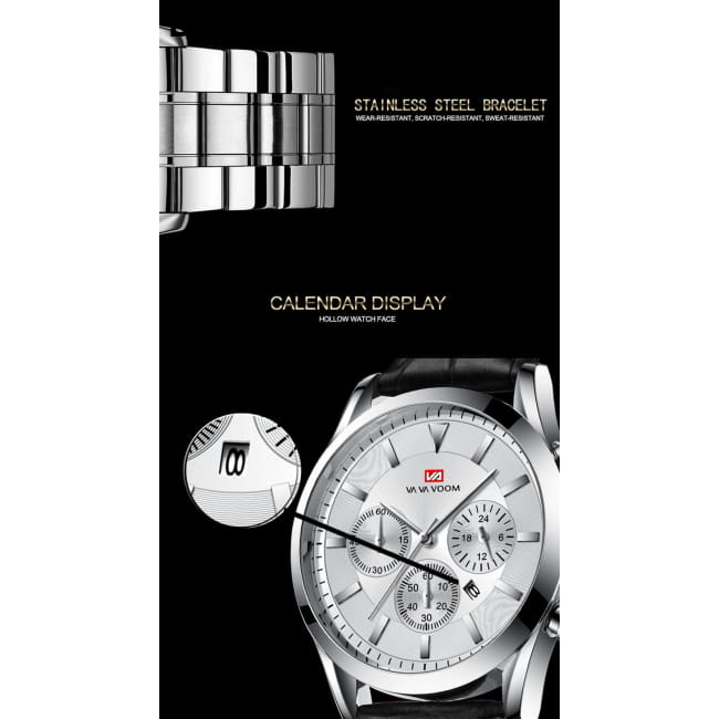 Men’s Three-eye Multi-function Sports Quartz Watch White faced silver steel chain / CN Men Sport Watches Best Selling
