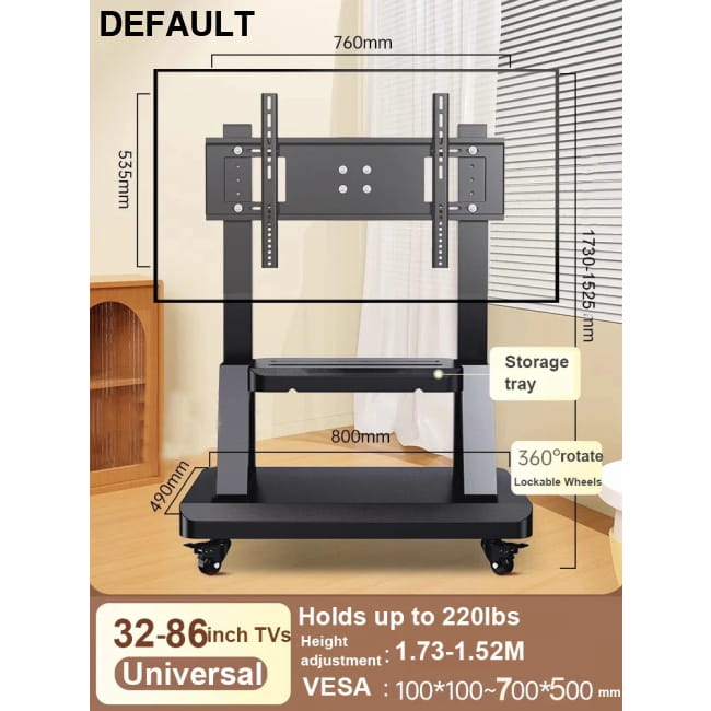 Mobile TV Stand for 32-86” TVs,Tilt Cart Holds up to 220 Home Stands & Monitor Mounts
