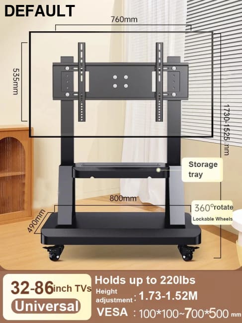 Mobile TV Stand for 32-86” TVs,Tilt Cart Holds up to 220 Lbs Portable with Storage Shelf Rolling Floor VESA 700x500mm