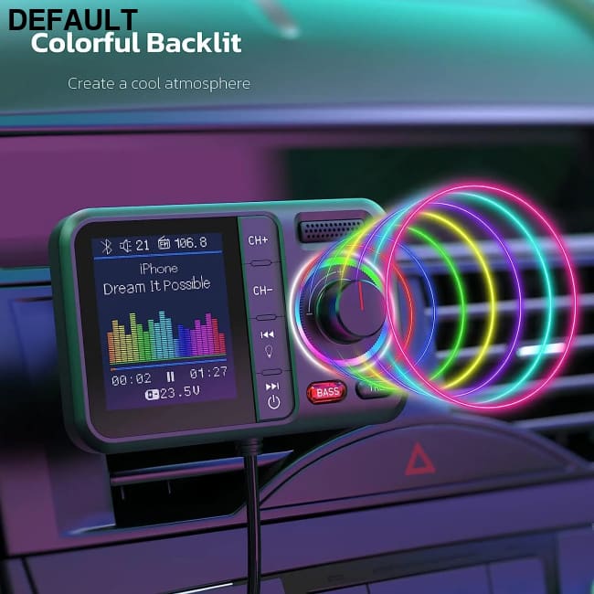 Multifunctional Wireless FM Transmitter with Big Color Screen 2.4A QC3.0 Dual USB Fast Charging Car AUX Adapter MP3