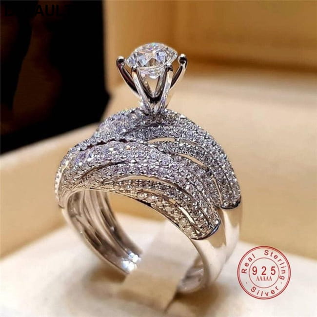 New Fashion Solid Silver Color 2pc/set CZ Crystal Wedding Sterling Rings