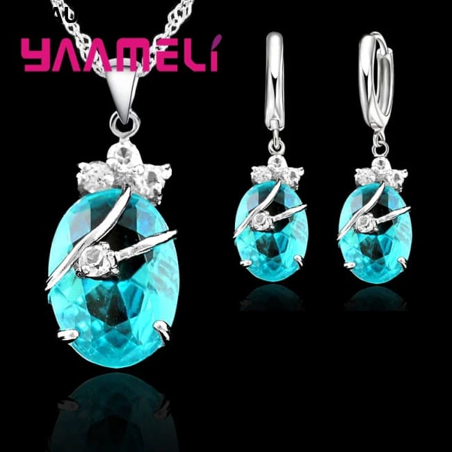 New Fashion Vintage Jewelry Sets For Women 925 Sterling Silver Crystal Stone Pendant Charms Wedding Necklace Hoop