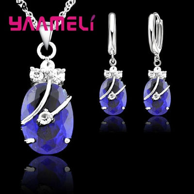 New Fashion Vintage Jewelry Sets For Women 925 Sterling Silver Crystal Stone Pendant Charms Wedding Necklace Hoop