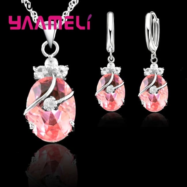 New Fashion Vintage Jewelry Sets For Women 925 Sterling Silver Crystal Stone Pendant Charms Wedding Necklace Hoop