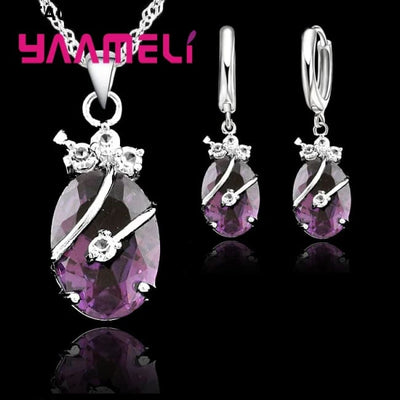 New Fashion Vintage Jewelry Sets For Women 925 Sterling Silver Crystal Stone Pendant Charms Wedding Necklace Hoop