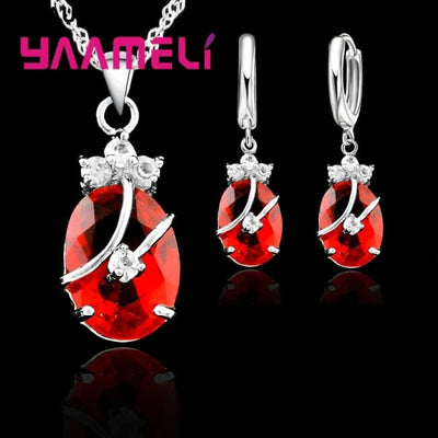 New Fashion Vintage Jewelry Sets For Women 925 Sterling Silver Crystal Stone Pendant Charms Wedding Necklace Hoop