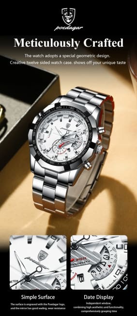 POEDAGAR Business Military Men Clock Waterproof Luminous Calendar Man Wristwatch Stainless Steel Quartz Men’s Watches