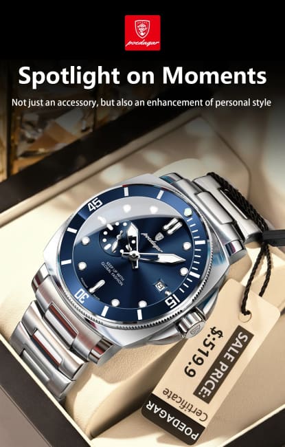 POEDAGAR Luxury Sports Man Wristwatch Luminous Waterproof Date Watch For Men Business Stainless Steel Quartz Men’s