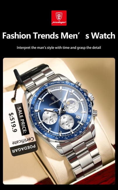 POEDAGAR Original Men Clock Sports Waterproof Luminous Chronograph Date Watch For Man Stainless Steel Quartz Men’s