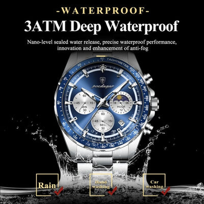 POEDAGAR Original Men Clock Sports Waterproof Luminous Chronograph Date Watch For Man Stainless Steel Quartz Men’s