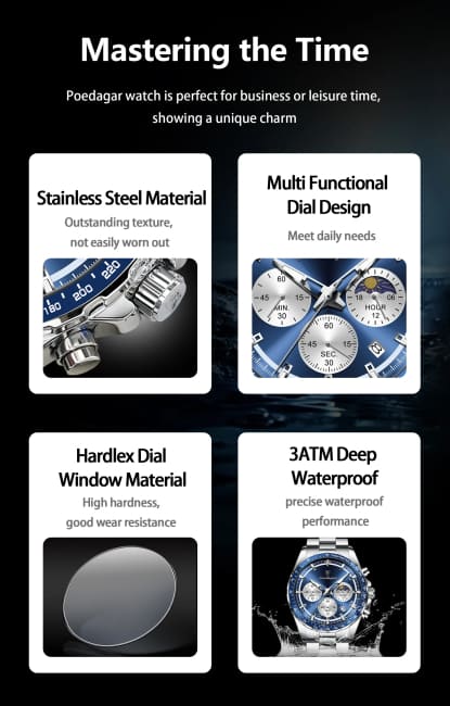 POEDAGAR Original Men Clock Sports Waterproof Luminous Chronograph Date Watch For Man Stainless Steel Quartz Men’s