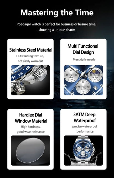 POEDAGAR Original Men Clock Sports Waterproof Luminous Chronograph Date Watch For Man Stainless Steel Quartz Men’s