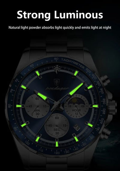 POEDAGAR Original Men Clock Sports Waterproof Luminous Chronograph Date Watch For Man Stainless Steel Quartz Men’s