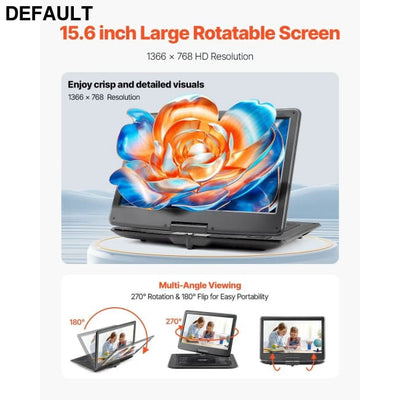 Portable 15.6 Inch HD Swivel Display Screen for DVD Player with 4.5-5 H Built-in Battery CD & VCD Conpatible inch dvd